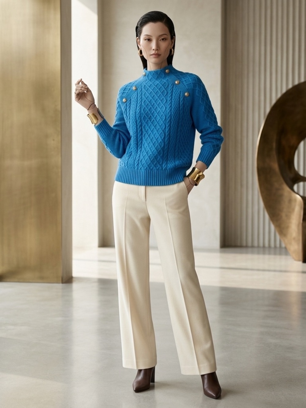 Talbots Petite Mockneck Cable Knit Button Shoulder Sweater - Size LP
